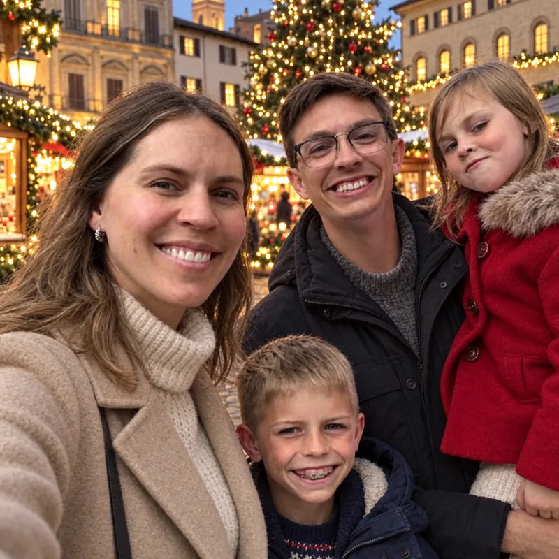 Sam and Dan with their kids at a Christmas market